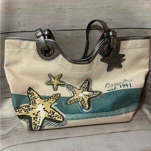 Coach Cream and Green & Blue tones Canvas Tote Bag with Nautical Charm